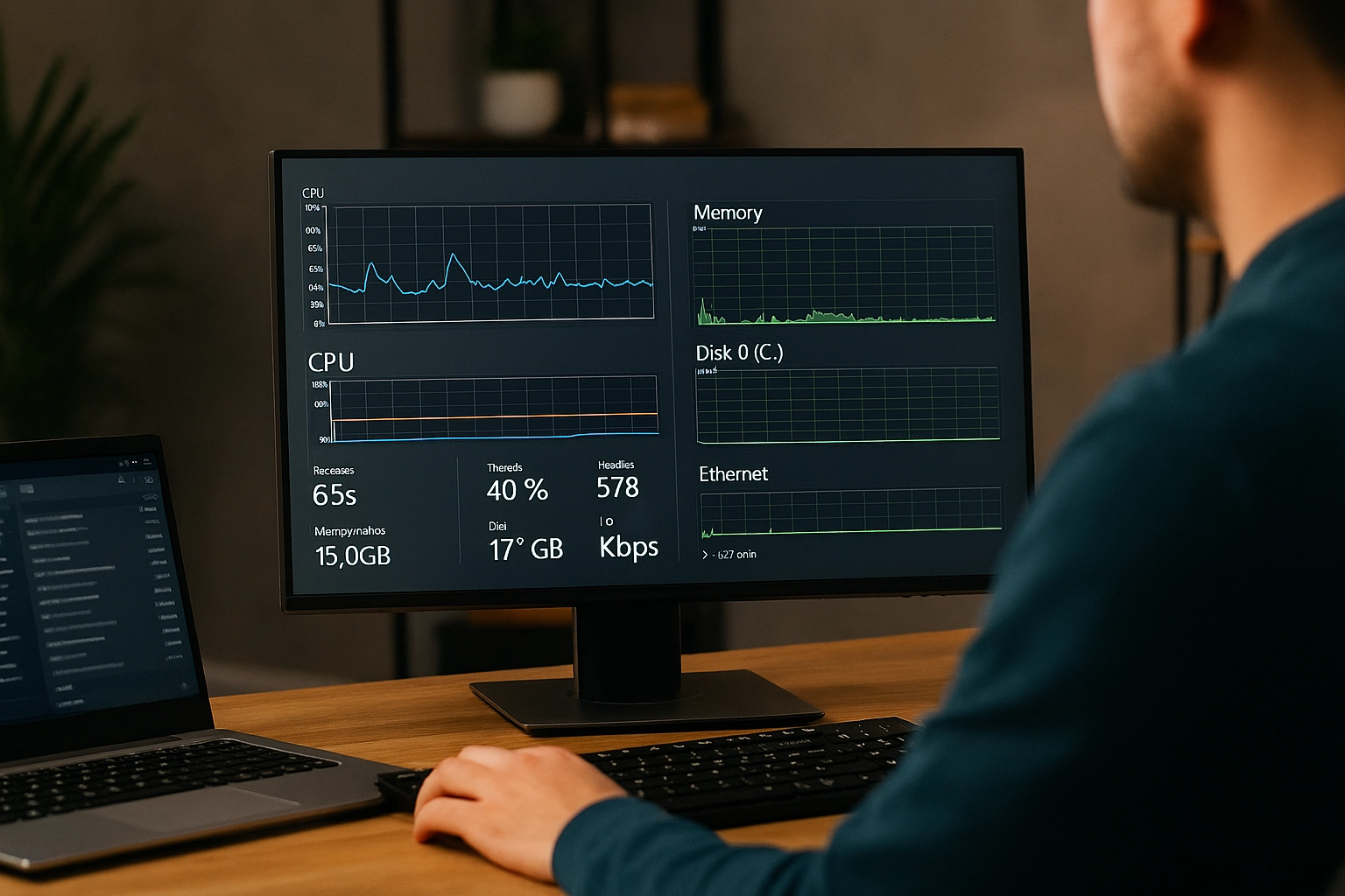 Person monitoring computer performance graphs on a desktop screen showing CPU, memory, disk, and network activity.